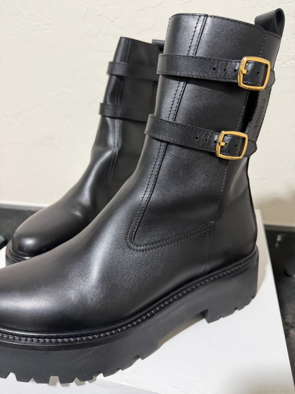 Celine Black Leather Double-Buckle Platform Ankle Boots - Picture 3 of 6